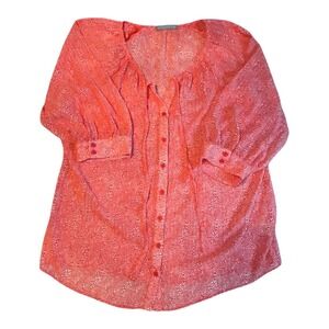 Olivia Moon Button Down Blouse Womens Large Red White Animal Print 3/4 Sleeve